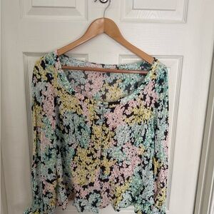 LOFT Pastel Floral Scoop Neck Long Sleeve Top — Pink, Yellow, Mint on Black